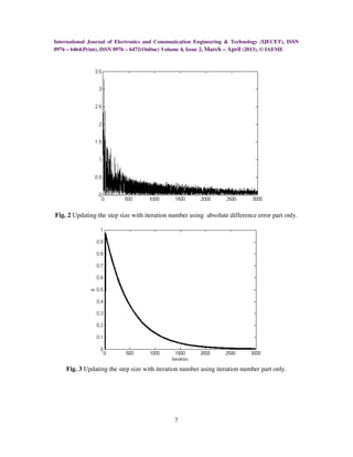 International Journal of Electronics and Communication Engineering & Technology (IJECET), ISSN
0976 – 6464(Print), ISSN 0976 – 6472(Online) Volume 4, Issue 2, March – April (2013), © IAEME




Fig. 2 Updating the step size with iteration number using absolute difference error part only.




    Fig. 3 Updating the step size with iteration number using iteration number part only.




                                              7
 