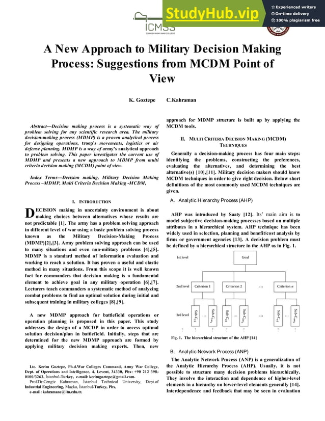 A New Approach To Military Decision Making Process Suggestions From