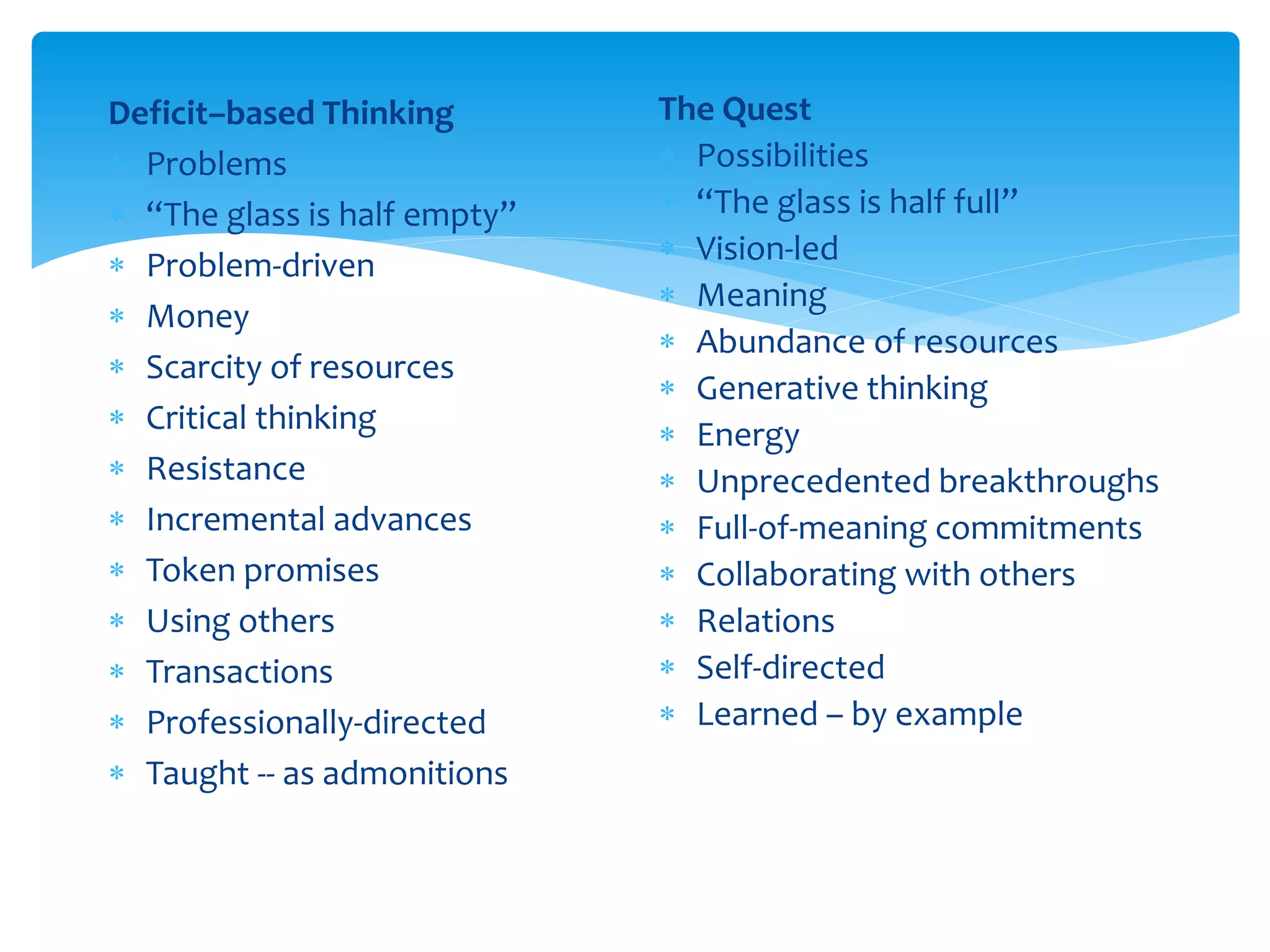 Deficit–based Thinking
 Problems
 “The glass is half empty”
 Problem-driven
 Money
 Scarcity of resources
 Critical thinking
 Resistance
 Incremental advances
 Token promises
 Using others
 Transactions
 Professionally-directed
 Taught -- as admonitions
The Quest
 Possibilities
 “The glass is half full”
 Vision-led
 Meaning
 Abundance of resources
 Generative thinking
 Energy
 Unprecedented breakthroughs
 Full-of-meaning commitments
 Collaborating with others
 Relations
 Self-directed
 Learned – by example
 