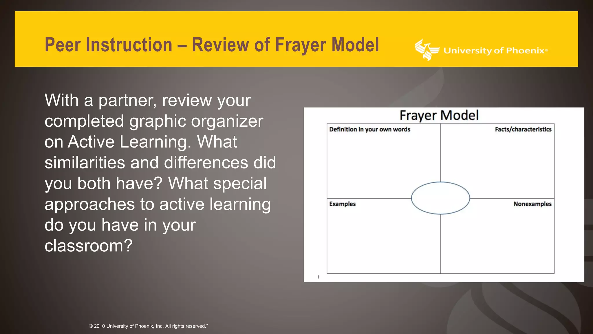 Peer Instruction – Review of Frayer Model
© 2010 University of Phoenix, Inc. All rights reserved.”
With a partner, review your
completed graphic organizer
on Active Learning. What
similarities and differences did
you both have? What special
approaches to active learning
do you have in your
classroom?
 