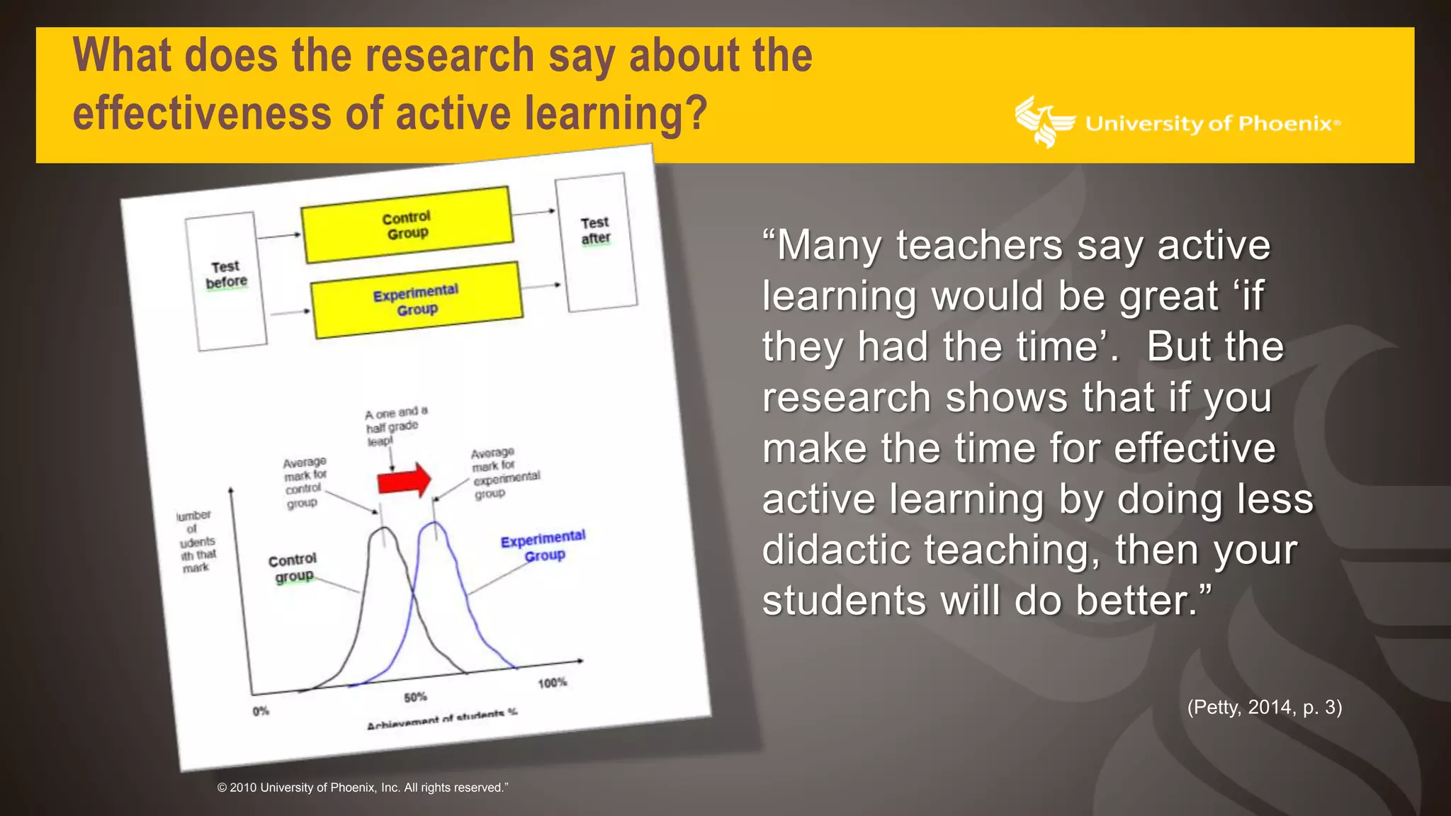 What does the research say about the
effectiveness of active learning?
© 2010 University of Phoenix, Inc. All rights reserved.”
“Many teachers say active
learning would be great ‘if
they had the time’. But the
research shows that if you
make the time for effective
active learning by doing less
didactic teaching, then your
students will do better.”
(Petty, 2014, p. 3)
 