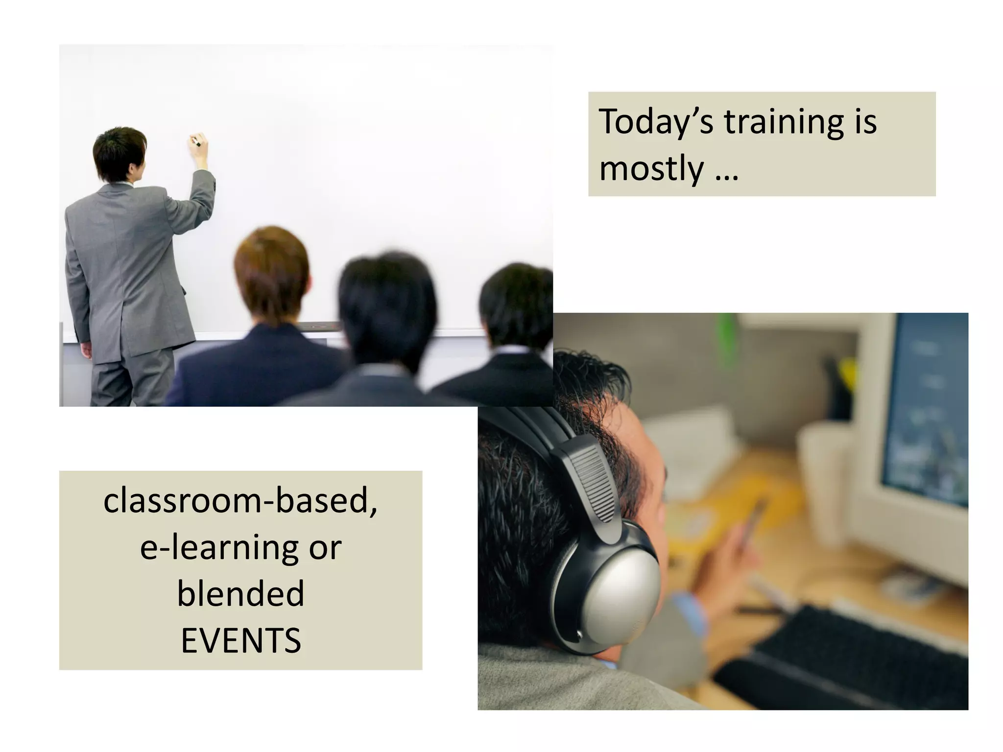 Today’s training is  
                   mostly …




classroom‐based,
   e‐learning or
      blended
      EVENTS
 