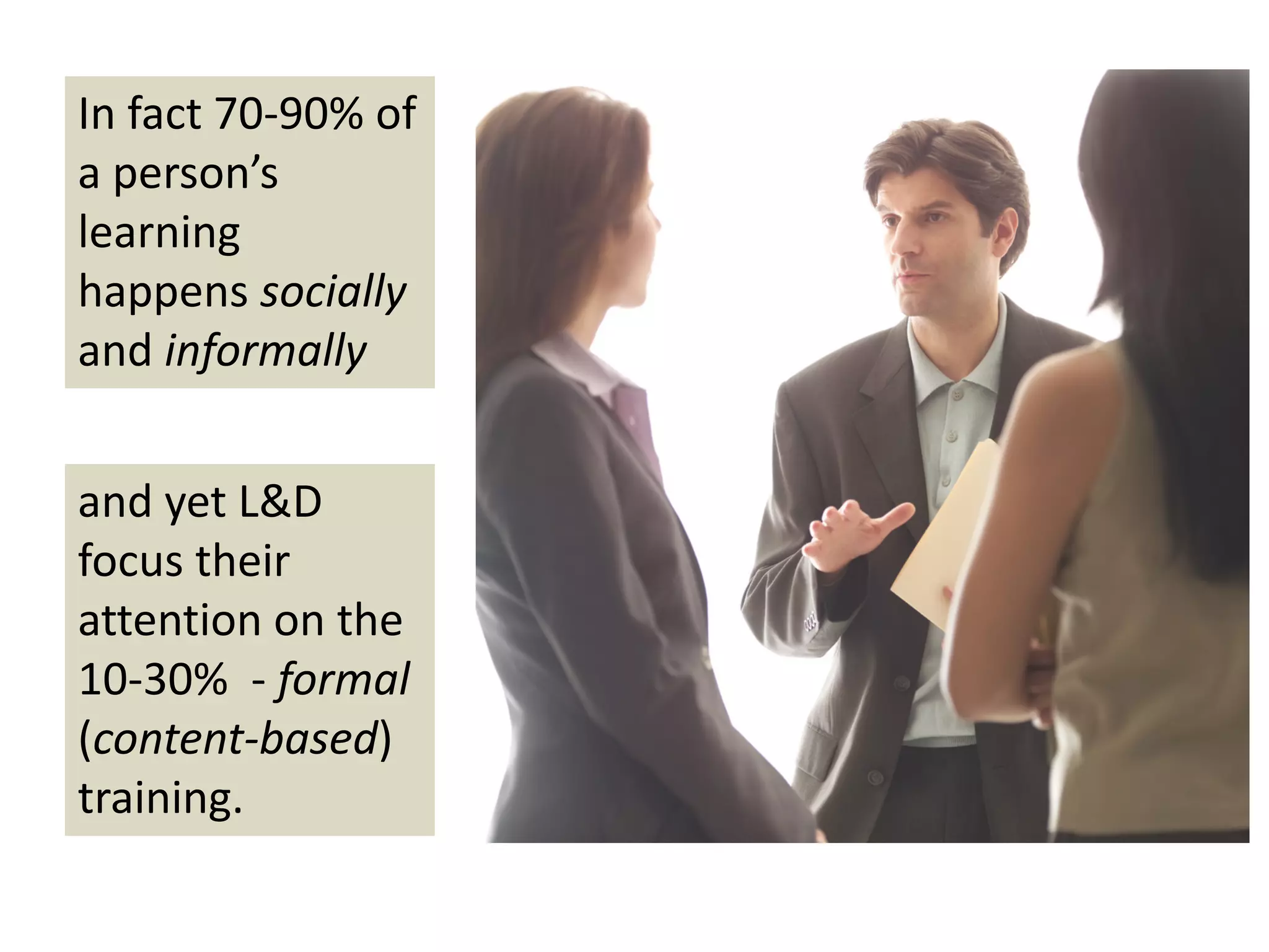 In fact 70‐90% of 
a person’s 
learning 
happens socially
and informally  


and yet L&D 
focus their 
attention on the 
10‐30%  ‐ formal
(content‐based) 
training.
 