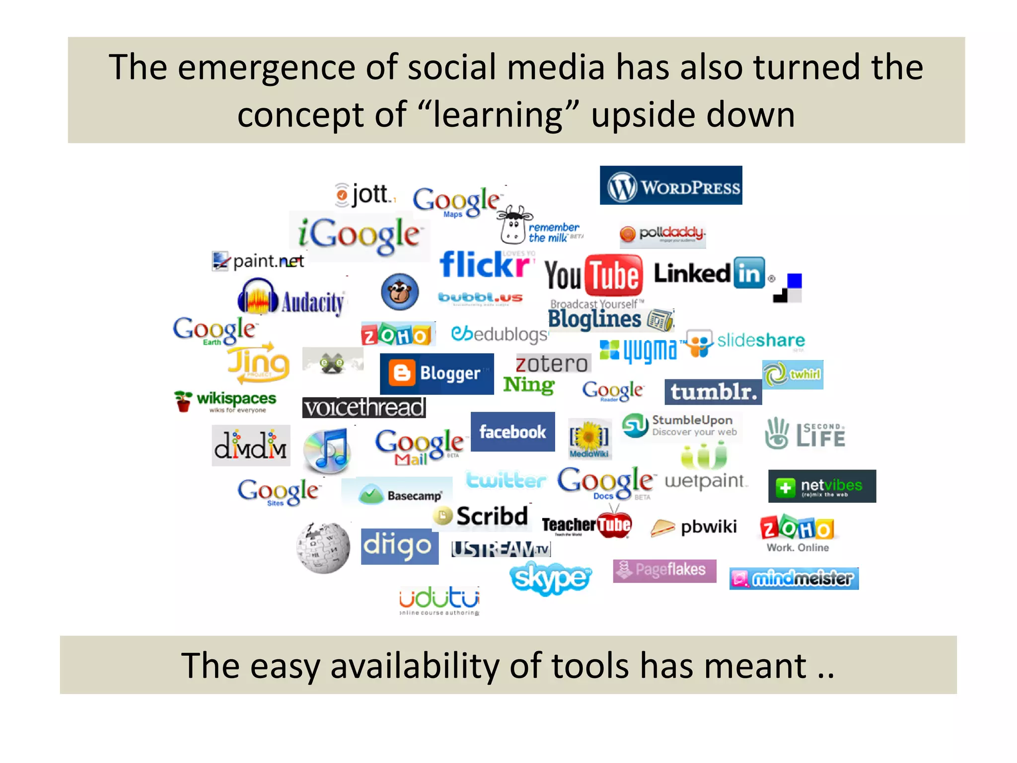The emergence of social media has also turned the 
      concept of “learning” upside down




    The easy availability of tools has meant ..
 