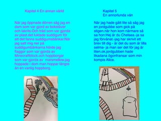 Kapitel 4 En annan värld
När jag öppnade dörren såg jag en
dam som var gjord av bokstäver
och lakrits.Och träd som var gjorda
av plast.det luktade suddigum för
att det fanns suddigumsbänkar.När
jag satt mig ner på
suddigumbänkarna hörde jag
ﬂaggor som var gjorda av
Minecraftblock.och hoppborgar
som var gjorda av marsmellow.jag
hoppade i dom man hoppar längre
än en vanlig hoppborg.
Kapitel 5
En annorlunda vän
När jag hade gått lite så såg jag
en jordgubbe som gick på
stigen.när hon kom närmare så
sa hon:Hej är du Chelsea.-ja sa
jag förvånat.-jag har skrivit ett
brev till dig - är det du som är lilla
selma- ja man ser det för jag är
liten.ok.jordgubben hade
likadana ögonfransar som min
kompis Alice.
 