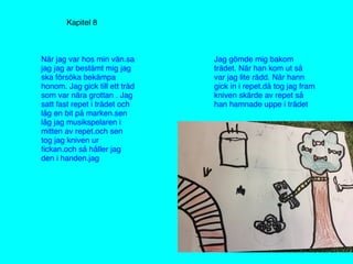 Kapitel 8
När jag var hos min vän.sa
jag jag ar bestämt mig jag
ska försöka bekämpa
honom. Jag gick till ett träd
som var nära grottan . Jag
satt fast repet i trädet och
låg en bit på marken.sen
låg jag musikspelaren i
mitten av repet.och sen
tog jag kniven ur
ﬁckan.och så håller jag
den i handen.jag
Jag gömde mig bakom
trädet. När han kom ut så
var jag lite rädd. När hann
gick in i repet.då tog jag fram
kniven skärde av repet så
han hamnade uppe i trädet
 