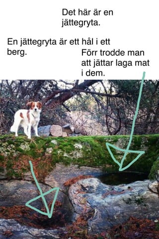 Det här är en
jättegryta.
En jättegryta är ett hål i ett
berg. Förr trodde man
att jättar laga mat
i dem.
 