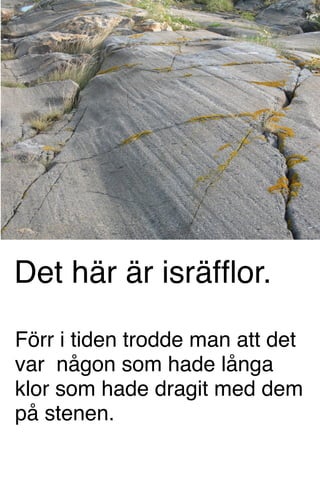 Det här är isräfﬂor.
Förr i tiden trodde man att det
var någon som hade långa
klor som hade dragit med dem
på stenen.
 