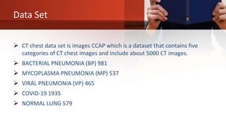 Data Set
 CT chest data set is images CCAP which is a dataset that contains five
categories of CT chest images and include about 5000 CT images.
 BACTERIAL PNEUMONIA (BP) 981
 MYCOPLASMA PNEUMONIA (MP) 537
 VIRAL PNEUMONIA (VP) 465
 COVID-19 1935
 NORMAL LUNG 579
 