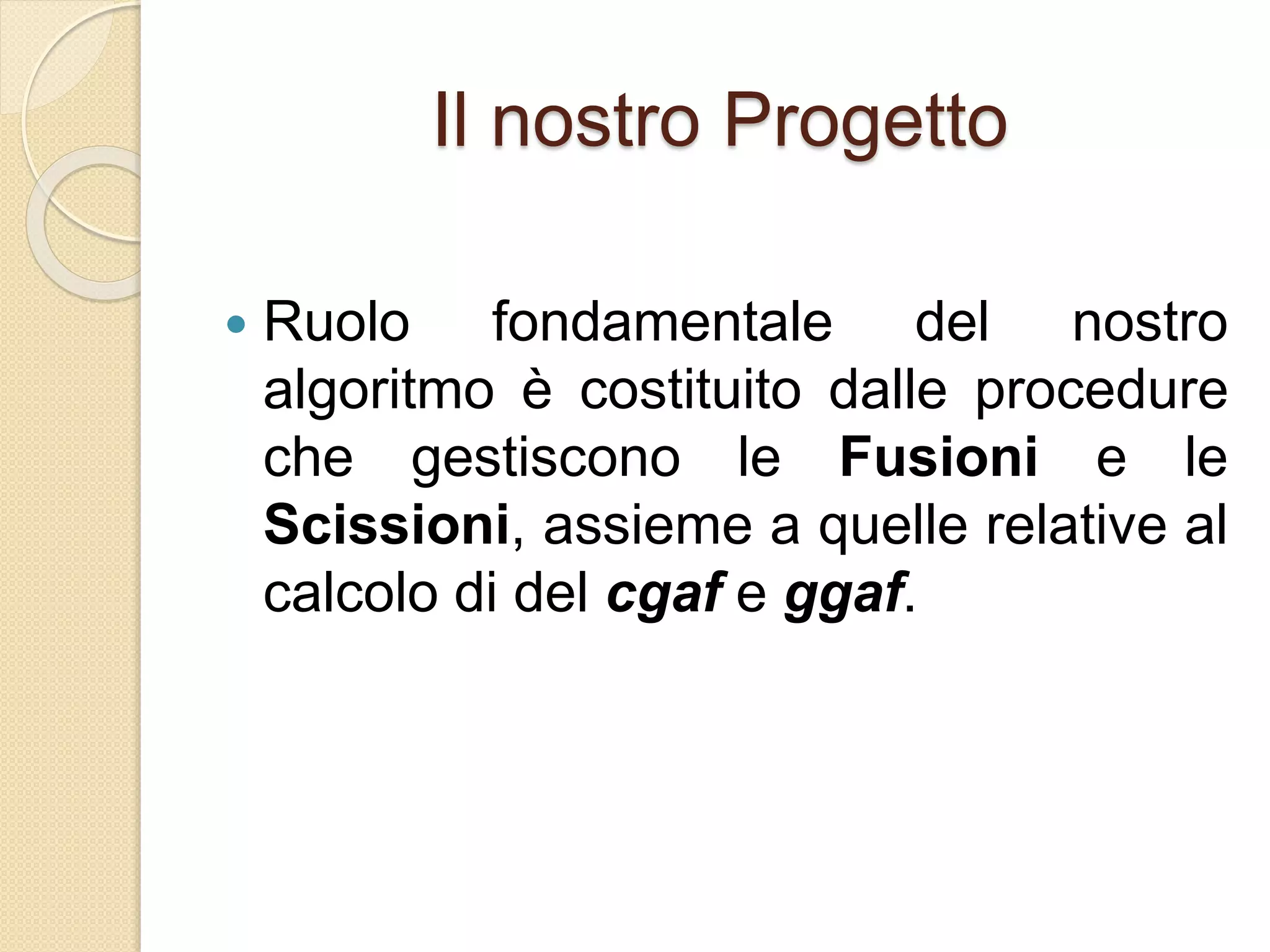 Il nostro Progetto
 Ruolo fondamentale del nostro
algoritmo è costituito dalle procedure
che gestiscono le Fusioni e le
Scissioni, assieme a quelle relative al
calcolo di del cgaf e ggaf.
 