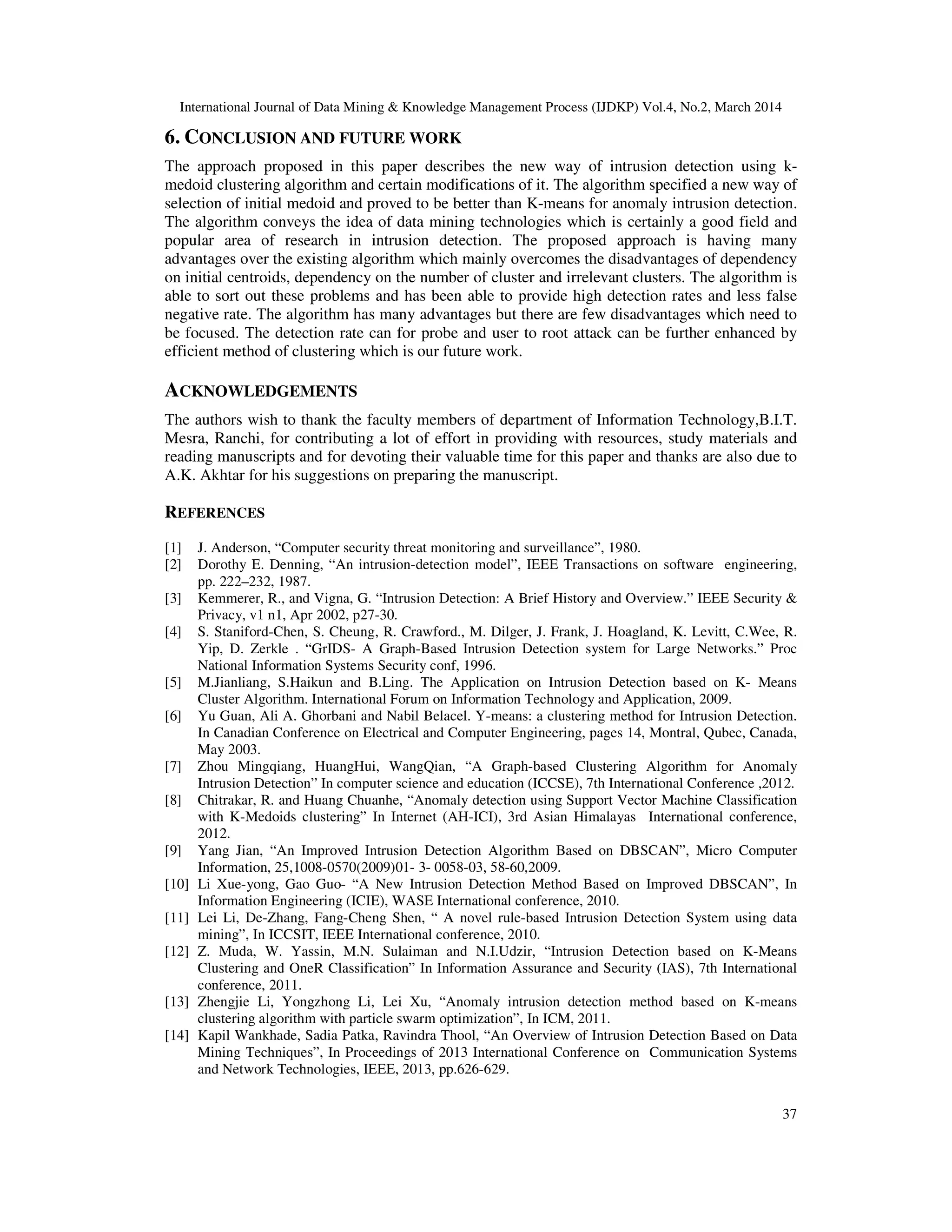 International Journal of Data Mining & Knowledge Management Process (IJDKP) Vol.4, No.2, March 2014
37
6. CONCLUSION AND FUTURE WORK
The approach proposed in this paper describes the new way of intrusion detection using k-
medoid clustering algorithm and certain modifications of it. The algorithm specified a new way of
selection of initial medoid and proved to be better than K-means for anomaly intrusion detection.
The algorithm conveys the idea of data mining technologies which is certainly a good field and
popular area of research in intrusion detection. The proposed approach is having many
advantages over the existing algorithm which mainly overcomes the disadvantages of dependency
on initial centroids, dependency on the number of cluster and irrelevant clusters. The algorithm is
able to sort out these problems and has been able to provide high detection rates and less false
negative rate. The algorithm has many advantages but there are few disadvantages which need to
be focused. The detection rate can for probe and user to root attack can be further enhanced by
efficient method of clustering which is our future work.
ACKNOWLEDGEMENTS
The authors wish to thank the faculty members of department of Information Technology,B.I.T.
Mesra, Ranchi, for contributing a lot of effort in providing with resources, study materials and
reading manuscripts and for devoting their valuable time for this paper and thanks are also due to
A.K. Akhtar for his suggestions on preparing the manuscript.
REFERENCES
[1] J. Anderson, “Computer security threat monitoring and surveillance”, 1980.
[2] Dorothy E. Denning, “An intrusion-detection model”, IEEE Transactions on software engineering,
pp. 222–232, 1987.
[3] Kemmerer, R., and Vigna, G. “Intrusion Detection: A Brief History and Overview.” IEEE Security &
Privacy, v1 n1, Apr 2002, p27-30.
[4] S. Staniford-Chen, S. Cheung, R. Crawford., M. Dilger, J. Frank, J. Hoagland, K. Levitt, C.Wee, R.
Yip, D. Zerkle . “GrIDS- A Graph-Based Intrusion Detection system for Large Networks.” Proc
National Information Systems Security conf, 1996.
[5] M.Jianliang, S.Haikun and B.Ling. The Application on Intrusion Detection based on K- Means
Cluster Algorithm. International Forum on Information Technology and Application, 2009.
[6] Yu Guan, Ali A. Ghorbani and Nabil Belacel. Y-means: a clustering method for Intrusion Detection.
In Canadian Conference on Electrical and Computer Engineering, pages 14, Montral, Qubec, Canada,
May 2003.
[7] Zhou Mingqiang, HuangHui, WangQian, “A Graph-based Clustering Algorithm for Anomaly
Intrusion Detection” In computer science and education (ICCSE), 7th International Conference ,2012.
[8] Chitrakar, R. and Huang Chuanhe, “Anomaly detection using Support Vector Machine Classification
with K-Medoids clustering” In Internet (AH-ICI), 3rd Asian Himalayas International conference,
2012.
[9] Yang Jian, “An Improved Intrusion Detection Algorithm Based on DBSCAN”, Micro Computer
Information, 25,1008-0570(2009)01- 3- 0058-03, 58-60,2009.
[10] Li Xue-yong, Gao Guo- “A New Intrusion Detection Method Based on Improved DBSCAN”, In
Information Engineering (ICIE), WASE International conference, 2010.
[11] Lei Li, De-Zhang, Fang-Cheng Shen, “ A novel rule-based Intrusion Detection System using data
mining”, In ICCSIT, IEEE International conference, 2010.
[12] Z. Muda, W. Yassin, M.N. Sulaiman and N.I.Udzir, “Intrusion Detection based on K-Means
Clustering and OneR Classification” In Information Assurance and Security (IAS), 7th International
conference, 2011.
[13] Zhengjie Li, Yongzhong Li, Lei Xu, “Anomaly intrusion detection method based on K-means
clustering algorithm with particle swarm optimization”, In ICM, 2011.
[14] Kapil Wankhade, Sadia Patka, Ravindra Thool, “An Overview of Intrusion Detection Based on Data
Mining Techniques”, In Proceedings of 2013 International Conference on Communication Systems
and Network Technologies, IEEE, 2013, pp.626-629.
 
