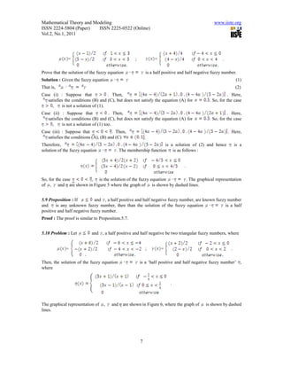 Mathematical Theory and Modeling                                                                www.iiste.org
ISSN 2224-5804 (Paper)    ISSN 2225-0522 (Online)
Vol.2, No.1, 2011




              =                                    ;            =                                    .

Prove that the solution of the fuzzy equation              is a half positive and half negative fuzzy number.
Solution : Given the fuzzy equation                                                                            (1)
That is,                                                                                                      (2)
Case (i) : Suppose that              . Then,                                                            . Here,
   satisfies the conditions (B) and (C), but does not satisfy the equation (A) for            . So, for the case
      ,    is not a solution of (1).
Case (ii) : Suppose that              . Then,                                                           . Here,
   satisfies the conditions (B) and (C), but does not satisfy the equation (A) for            . So, for the case
      ,    is not a solution of (1) too.
Case (iii) : Suppose that              . Then,                                                           . Here,
   satisfies the conditions (A), (B) and (C)               .
Therefore,                                                       is a solution of (2) and hence               is a
solution of the fuzzy equation           . The membership function is as follows :


                                                                                .

So, for the case        , is the solution of the fuzzy equation       . The graphical representation
of , and  are shown in Figure 5 where the graph of is shown by dashed lines.


5.9 Proposition : If         and , a half positive and half negative fuzzy number, are known fuzzy number
and     is any unknown fuzzy number, then than the solution of the fuzzy equation                 is a half
positive and half negative fuzzy number.
Proof : The proof is similar to Proposition.5.7.


5.10 Problem : Let         and , a half positive and half negative be two triangular fuzzy numbers, where


             =                                             ;        =                                     .

Then, the solution of the fuzzy equation               is a ‘half positive and half negative fuzzy number’ ,
where


                                                                        .



The graphical representation of   ,   and  are shown in Figure 6, where the graph of      is shown by dashed
lines.




                                                       7
 