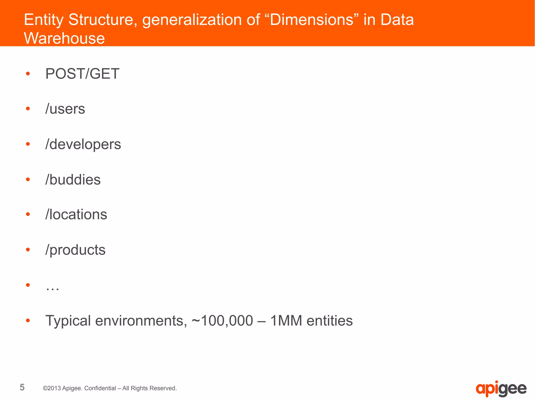 5 ©2013 Apigee. Confidential – All Rights Reserved.
•  POST/GET
•  /users
•  /developers
•  /buddies
•  /locations
•  /products
•  …
•  Typical environments, ~100,000 – 1MM entities
Entity Structure, generalization of “Dimensions” in Data
Warehouse
 