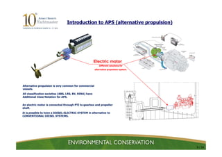 Introduction to APS (alternative propulsion)




                                                         Electric motor
                                                             Different solutions for
                                                         alternative propulsion system.




Alternative propulsion is very common for commercial
vessels.
All classification societies (ABS, LRS, BV, RINA) have
Additional Class Notation for APS.


An electric motor is connected through PTI to gearbox and propeller
shaft.
It is possible to have a DIESEL ELECTRIC SYSTEM in alternative to
CONVENTIONAL DIESEL SYSTEMS.




                                                                                          9 / 24
 