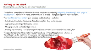 Journey to the cloud 
Realizing the opportunity: the cloud services broker 
The services broker should help meet IT needs across the business by integrating and offering a wide range of 
cloud services—from IaaS to PaaS, and from SaaS to BPaaS—alongside legacy in-house systems. 
The role of the services broker—part process, part technology—includes: 
 Selecting and negotiating the sourcing of cloud services from cloud service providers 
 Aggregating, automating and integrating services 
 Managing demand, workload and governance 
 Creating and maintaining a service catalog that end users across the business can choose and buy from 
The potential benefits of this model include the delivery of the right applications solutions to 
the right users at the right time, stronger and more consistent governance 
and security management, and reduced total costs of ownership. 
Copyright © 2014 Accenture All rights reserved. 17 
 