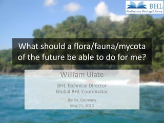 What should a flora/fauna/mycota
of the future be able to do for me?
William Ulate
BHL Technical Director
Global BHL Coordinator
Berlin, Germany
May 21, 2013
 