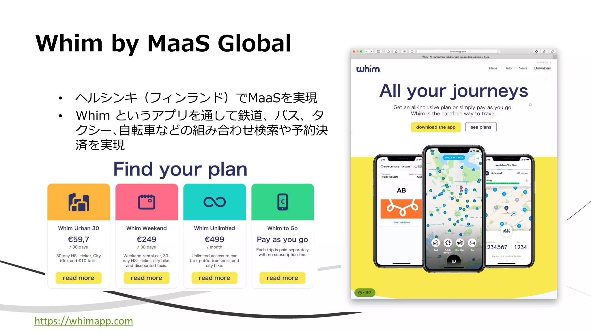 Whim by MaaS Global
• ヘルシンキ（フィンランド）でMaaSを実現
• Whim というアプリを通して鉄道、バス、タ
クシー､自転車などの組み合わせ検索や予約決
済を実現
https://whimapp.com
 