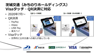 • 2020年7月〜
• QR決済
– PayPay
– Alipay
– LINE Pay
– 楽天ペイ
• Visaタッチ
– 世界的に公共交通への導入が進んでいる
茨城交通（みちのりホールディングス）
Visaタッチ・QR決済に対応
 