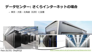 – 東京・大阪・北海道（石狩）に設置
データセンター: さくらインターネットの場合
https://www.sakura.ad.jp/corporate/corp/datacenter.html
Pass (6/29): DbqB92jt
 