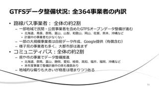 50
• 路線バス事業者： 全体の約2割
– 一部地域で民間・公営事業者を含めたGTFSオープンデータ整備が進む
• 北海道、青森、群馬、富山、山梨、和歌山、岡山、佐賀、熊本、沖縄など
• 計画中の事業者も少なくない
– 一部の大規模事業者は自前データ作成、Google提供（有償含む）
– 様子見の事業者も多く、大都市部は進まず
• コミュニティバス：全体の約2割
– 県や市の事業でデータ整備推進
• 北海道、群馬、富山、静岡、愛知、岐阜、高知、福井、福岡、沖縄など
• 本年度事業で整備計画中の県も複数あり
– 地域的な偏りも大きいが格差は埋まりつつある
GTFSデータ整備状況: 全364事業者の内訳
 