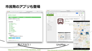• Aa
市民発のアプリも登場
https://play.google.com/store/apps/details?id=work.momizi.unomap&hl=ja
https://sonohino-kibunshidai.org/aobus_now/
青バスなう！ UnoMap
 