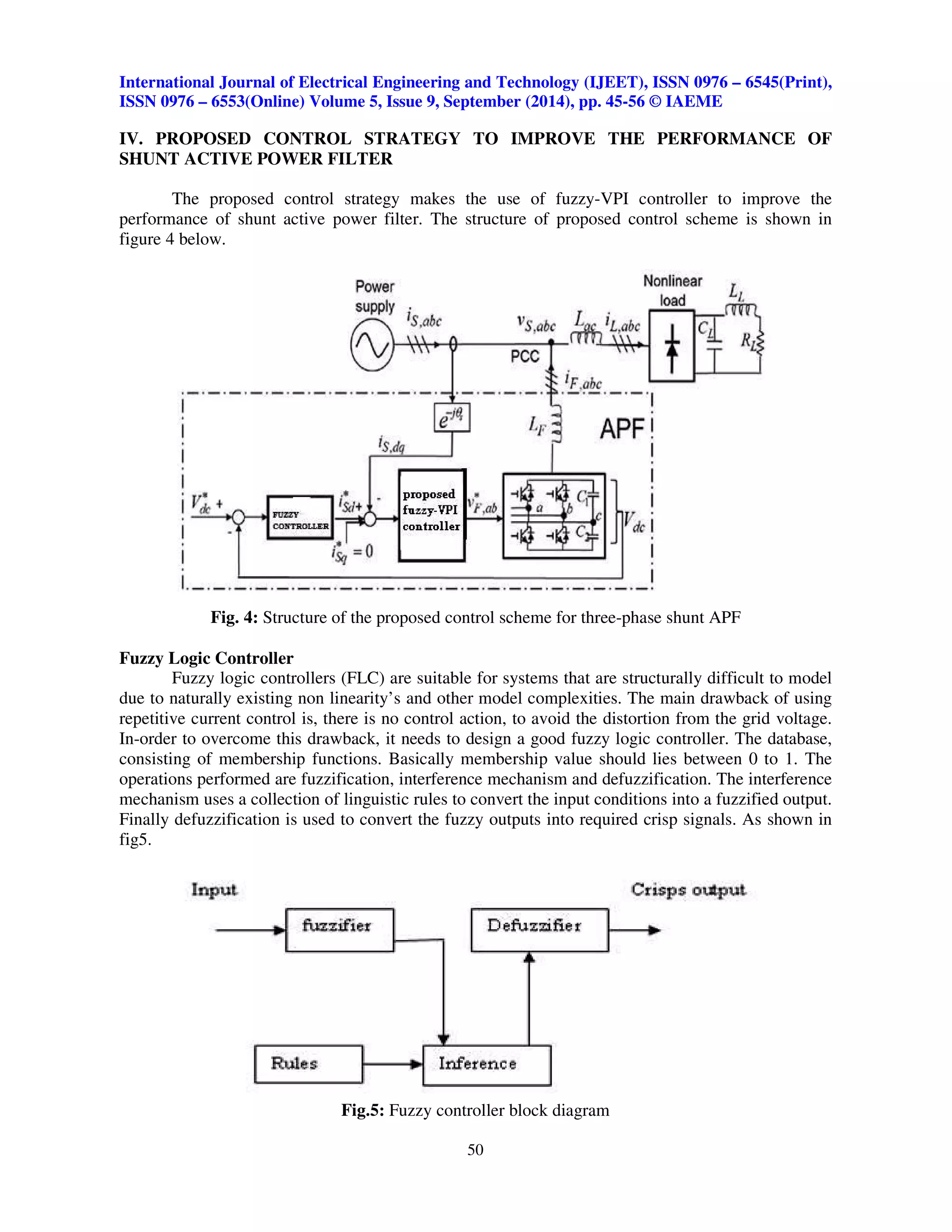 International Journal of Electrical Engineering and Technology (IJEET), ISSN 0976 – 6545(Print), 
ISSN 0976 – 6553(Online) Volume 5, Issue 9, September (2014), pp. 45-56 © IAEME 
IV. PROPOSED CONTROL STRATEGY TO IMPROVE THE PERFORMANCE OF 
SHUNT ACTIVE POWER FILTER 
The proposed control strategy makes the use of fuzzy-VPI controller to improve the 
performance of shunt active power filter. The structure of proposed control scheme is shown in 
figure 4 below. 
Fig. 4: Structure of the proposed control scheme for three-phase shunt APF 
50 
 
Fuzzy Logic Controller 
Fuzzy logic controllers (FLC) are suitable for systems that are structurally difficult to model 
due to naturally existing non linearity’s and other model complexities. The main drawback of using 
repetitive current control is, there is no control action, to avoid the distortion from the grid voltage. 
In-order to overcome this drawback, it needs to design a good fuzzy logic controller. The database, 
consisting of membership functions. Basically membership value should lies between 0 to 1. The 
operations performed are fuzzification, interference mechanism and defuzzification. The interference 
mechanism uses a collection of linguistic rules to convert the input conditions into a fuzzified output. 
Finally defuzzification is used to convert the fuzzy outputs into required crisp signals. As shown in 
fig5. 
Fig.5: Fuzzy controller block diagram 
 