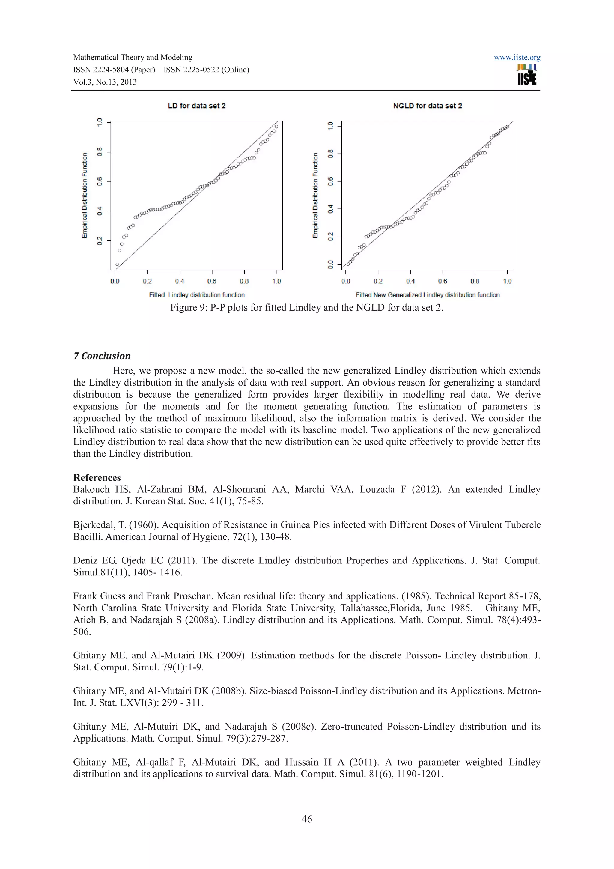 Mathematical Theory and Modeling
ISSN 2224-5804 (Paper) ISSN 2225-0522 (Online)
Vol.3, No.13, 2013

www.iiste.org

Figure 9: P-P plots for fitted Lindley and the NGLD for data set 2.

7 Conclusion
Here, we propose a new model, the so-called the new generalized Lindley distribution which extends
the Lindley distribution in the analysis of data with real support. An obvious reason for generalizing a standard
distribution is because the generalized form provides larger flexibility in modelling real data. We derive
expansions for the moments and for the moment generating function. The estimation of parameters is
approached by the method of maximum likelihood, also the information matrix is derived. We consider the
likelihood ratio statistic to compare the model with its baseline model. Two applications of the new generalized
Lindley distribution to real data show that the new distribution can be used quite effectively to provide better fits
than the Lindley distribution.
References
Bakouch HS, Al-Zahrani BM, Al-Shomrani AA, Marchi VAA, Louzada F (2012). An extended Lindley
distribution. J. Korean Stat. Soc. 41(1), 75-85.
Bjerkedal, T. (1960). Acquisition of Resistance in Guinea Pies infected with Different Doses of Virulent Tubercle
Bacilli. American Journal of Hygiene, 72(1), 130-48.
Deniz EG, Ojeda EC (2011). The discrete Lindley distribution Properties and Applications. J. Stat. Comput.
Simul.81(11), 1405- 1416.
Frank Guess and Frank Proschan. Mean residual life: theory and applications. (1985). Technical Report 85-178,
North Carolina State University and Florida State University, Tallahassee,Florida, June 1985. Ghitany ME,
Atieh B, and Nadarajah S (2008a). Lindley distribution and its Applications. Math. Comput. Simul. 78(4):493506.
Ghitany ME, and Al-Mutairi DK (2009). Estimation methods for the discrete Poisson- Lindley distribution. J.
Stat. Comput. Simul. 79(1):1-9.
Ghitany ME, and Al-Mutairi DK (2008b). Size-biased Poisson-Lindley distribution and its Applications. MetronInt. J. Stat. LXVI(3): 299 - 311.
Ghitany ME, Al-Mutairi DK, and Nadarajah S (2008c). Zero-truncated Poisson-Lindley distribution and its
Applications. Math. Comput. Simul. 79(3):279-287.
Ghitany ME, Al-qallaf F, Al-Mutairi DK, and Hussain H A (2011). A two parameter weighted Lindley
distribution and its applications to survival data. Math. Comput. Simul. 81(6), 1190-1201.

46

 