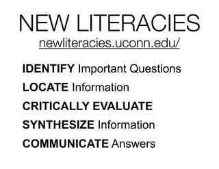 NEW LITERACIES
  newliteracies.uconn.edu/
IDENTIFY Important Questions
LOCATE Information
CRITICALLY EVALUATE
SYNTHESIZE Information
COMMUNICATE Answers
 
