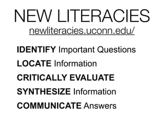 NEW LITERACIES
  newliteracies.uconn.edu/
IDENTIFY Important Questions
LOCATE Information
CRITICALLY EVALUATE
SYNTHESIZE Information
COMMUNICATE Answers
 
