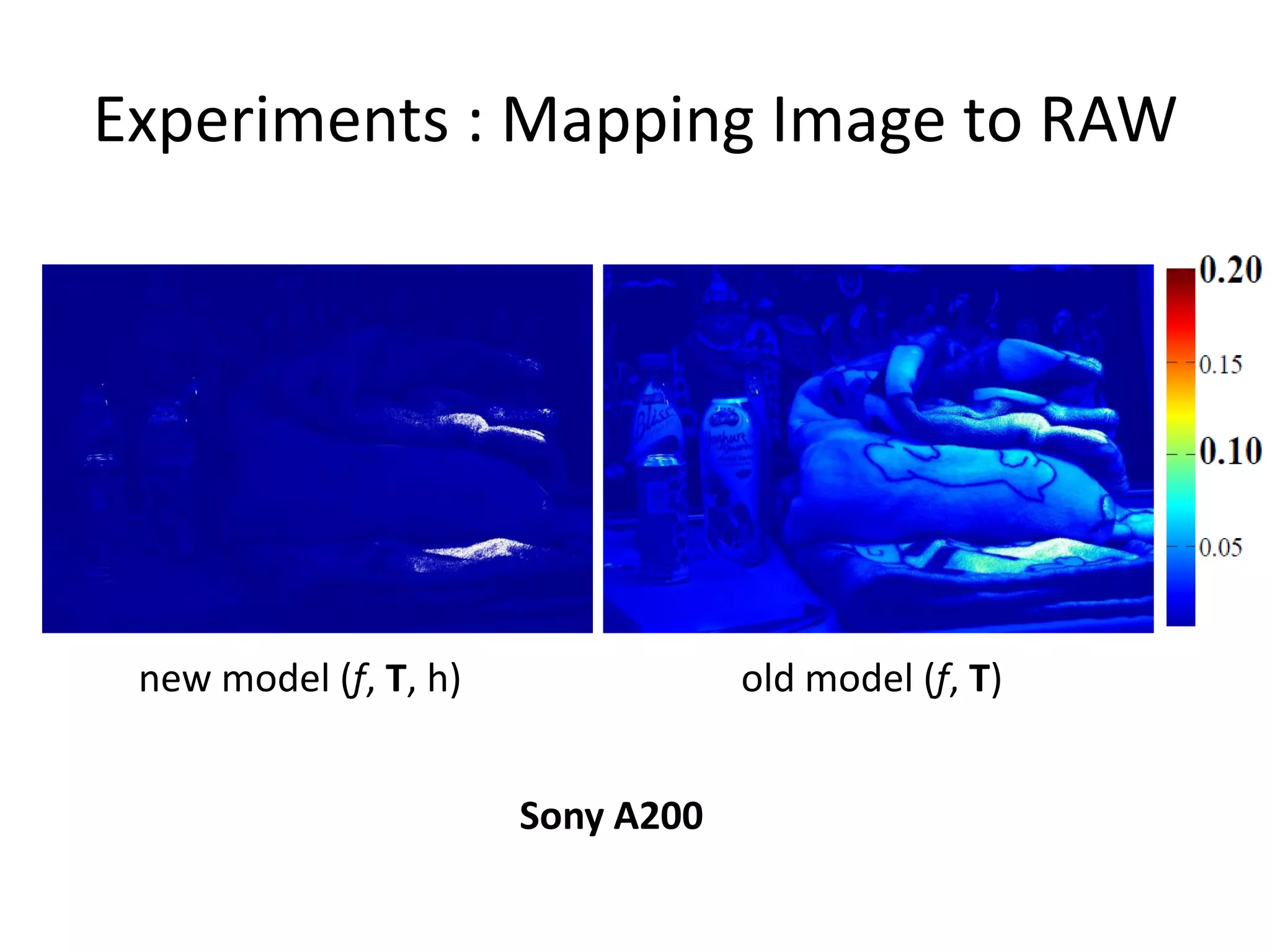 Experiments : Mapping Image to RAW




 new model (f, T, h)               old model (f, T)


                       Sony A200
 