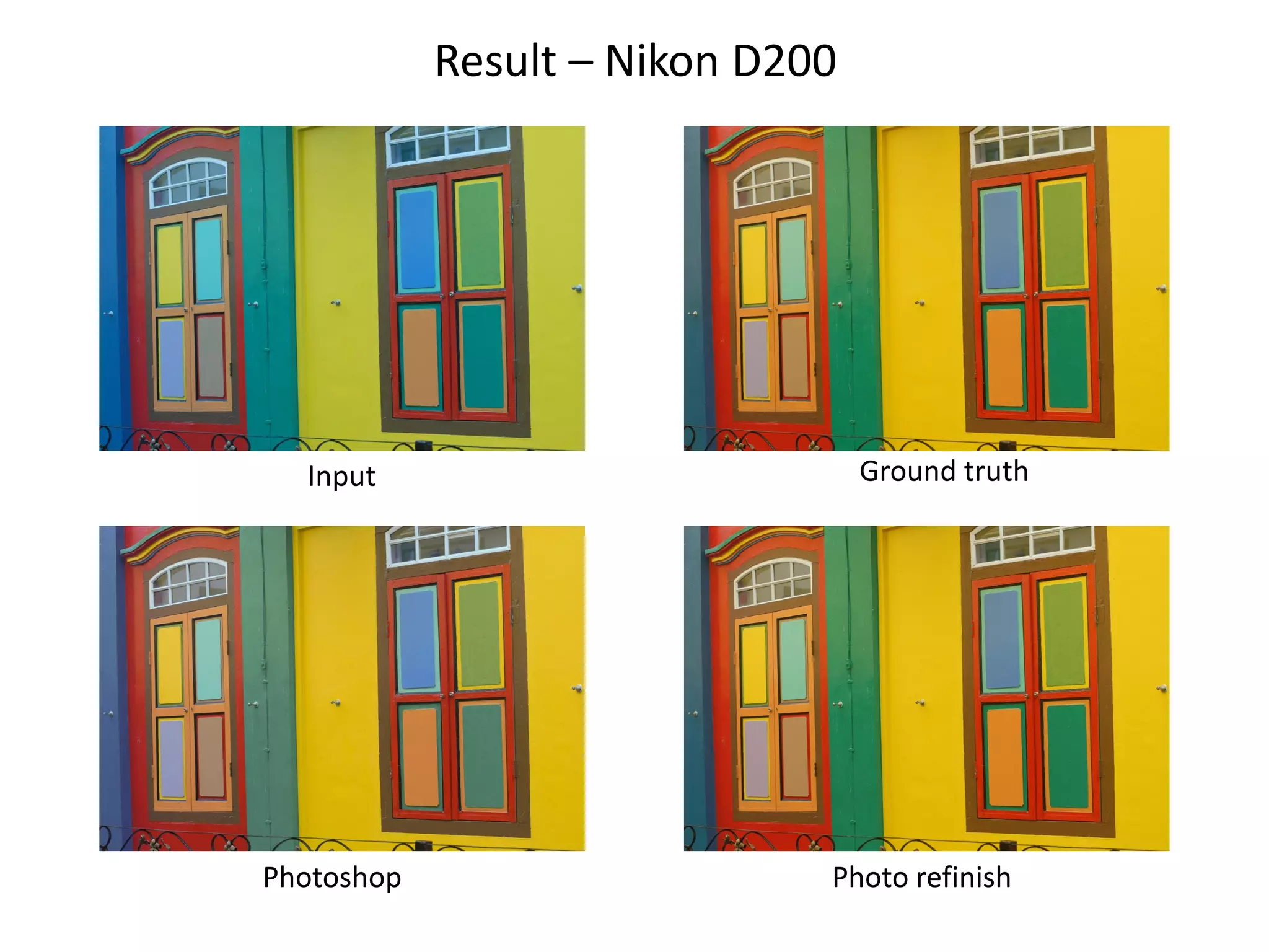 Result – Nikon D200




  Input                           Ground truth




Photoshop                     Photo refinish
 