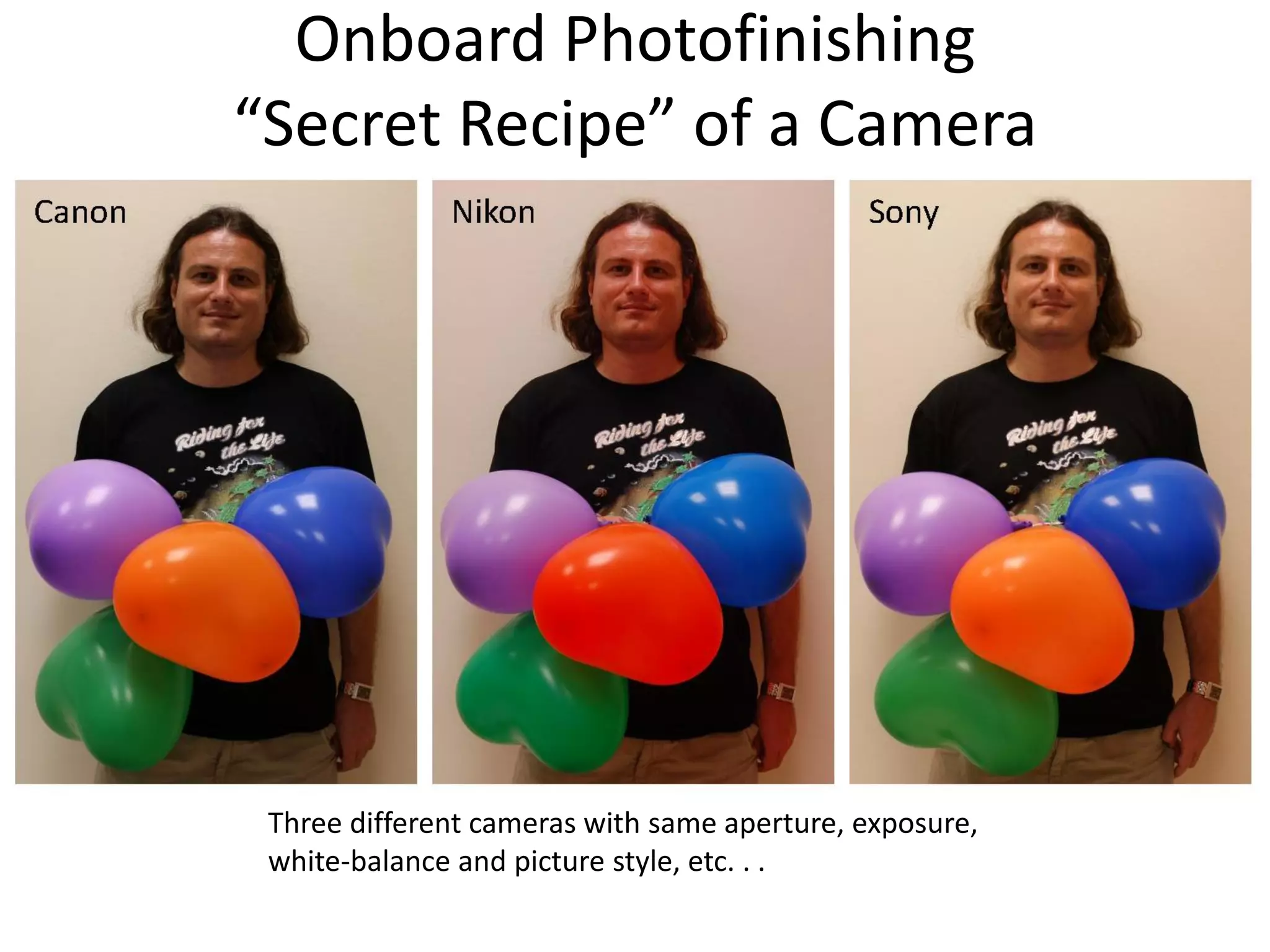 Onboard Photofinishing
“Secret Recipe” of a Camera




 Three different cameras with same aperture, exposure,
 white-balance and picture style, etc. . .
 