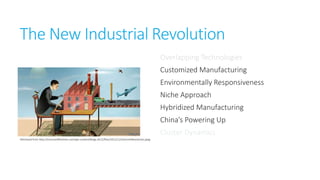 The New Industrial Revolution
Overlapping Technologies
Customized Manufacturing

Environmentally
Responsiveness
Niche Approach
Hybridized Manufacturing
China’s Powering Up
Retrieved from http://scienceofthetime.com/wp-content/blogs.dir/2/files/2012/12/InternetRevolution.jpeg

Cluster Dynamics

 