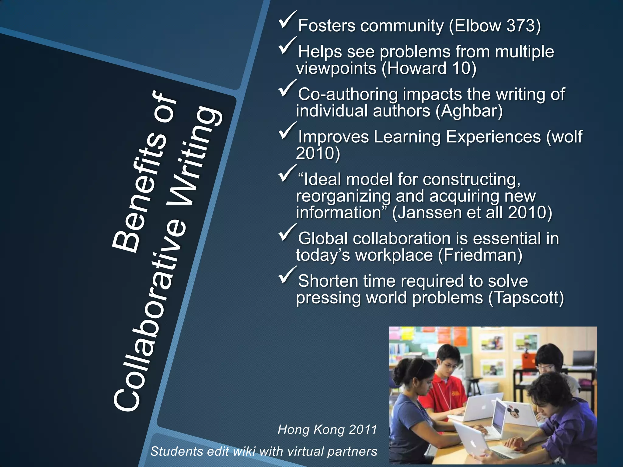 Fosters community (Elbow 373)
                      Helps see problems from multiple
                       viewpoints (Howard 10)
                      Co-authoring impacts the writing of
                       individual authors (Aghbar)
                      Improves Learning Experiences (wolf
                       2010)
                      “Ideal model for constructing,
                       reorganizing and acquiring new
                       information” (Janssen et all 2010)
                      Global collaboration is essential in
                       today’s workplace (Friedman)
                      Shorten time required to solve
                       pressing world problems (Tapscott)




                      Hong Kong 2011
Students edit wiki with virtual partners
 