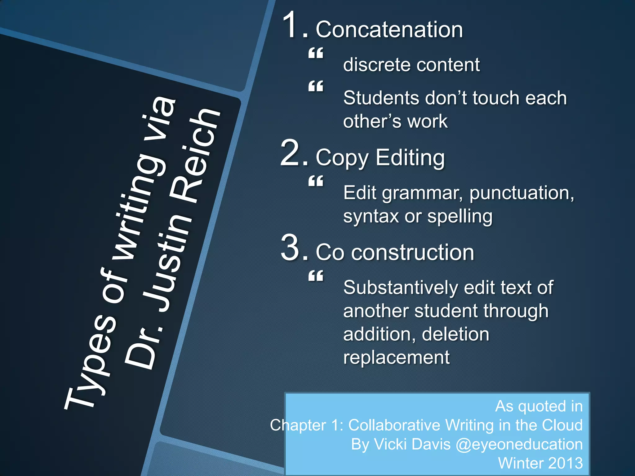 1. Concatenation
         discrete content
         Students don’t touch each
          other’s work
 2. Copy Editing
         Edit grammar, punctuation,
          syntax or spelling
 3. Co construction
         Substantively edit text of
          another student through
          addition, deletion
          replacement

                                As quoted in
Chapter 1: Collaborative Writing in the Cloud
           By Vicki Davis @eyeoneducation
                                 Winter 2013
 