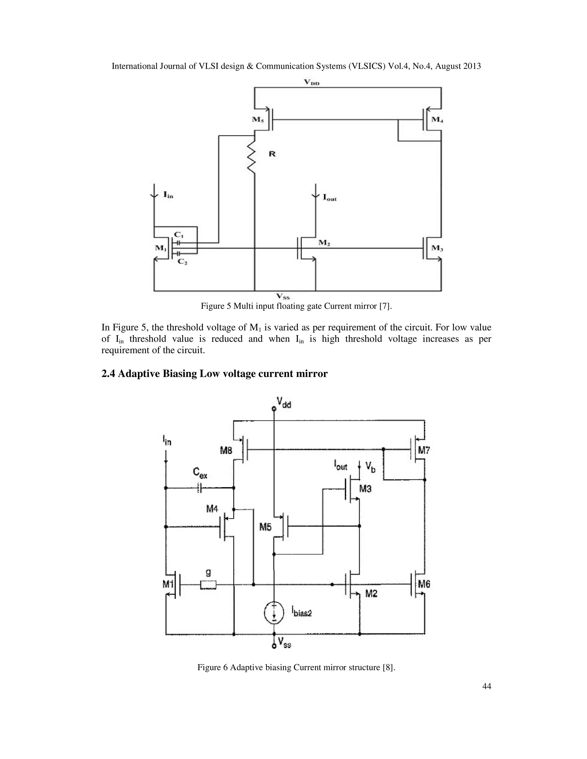 International Journal of VLSI design & Communication Systems (VLSICS) Vol.4, No.4, August 2013
44
Figure 5 Multi input floating gate Current mirror [7].
In Figure 5, the threshold voltage of M1 is varied as per requirement of the circuit. For low value
of Iin threshold value is reduced and when Iin is high threshold voltage increases as per
requirement of the circuit.
2.4 Adaptive Biasing Low voltage current mirror
Figure 6 Adaptive biasing Current mirror structure [8].
 