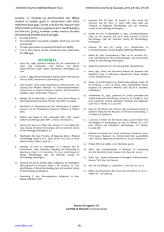 Mohamed Younes Abdelftah Hassan et al.: International Journal of Bioassays, 2013, 02 (02), 379-381
www.ijbio.com 381
bacteria. To conclude we demonstrated that Makka
medium is equally good in comparison with Eosin
methylene blue agar, Levine used for the isolation and
differentiation of Gram-negative enteric bacilli Madigan
and Martnko (2005), however makka medium showed
the following benefits over EMB agar.
An easy method
Its components' are locally available which are safe and
economical.
It is also guarantees occupational health and safety.
It is no toxic hence can be considered a best alternative
for EMB agar.
REFERENCES
1. Apha AW, 1998, Standard methods for the examination of
water and wastewater, 20th Edition, 21st Edition
(2005).American public Health Association, Washington, DC,
USA.
2. Cunnif P, 1995, Official Methods of Analysis AOAC International,
16th ed. AOAC International, Gaithersburg, MD.
3. Enne de Boer, 2004, Entero bacteriaceae, coliforms and E. coli.
Classical and Modern Methods for Detection/Enumeration.
Inspectorate for Health Protection, Zutphen, The Netherlands
Available online 17 November P. 610-617.
4. Madigan M and Martinko J, (editors). 2005. Brock Biology of
Microorganisms (11th ed.ed.). Prentice Hall. ISBN 0131443291.
5. MacFaddin JF, Biochemical tests for identification of medical
bacteria. 3rd ed. Philadelphia: Lippincott Williams & Wilkins,
2000.
6. Mcfetrs GA, Kippin IS and Lechevaller MW, 1986, Injured
coliforms in drinking water. APPL. Environ. microbiol.51:1.
7. Murtay PR, Baron EJ, Pfaller MA, Tenover FC and Yolken RH,
1995, Manual of clinical microbiology, 6th ed. American Society
for Microbiology, Washington, D.C.
8. Washington JA, 1996, Principles of Diagonsis. Baron s Medical
microbiology (Baron S el al., eds) (4th ed. Ed.) Univ. of Texas
Medical Branch. ISBN O- 9631172-1-1.
9. Isenberg HD and JA, Washington II, A Balows and AC
Sonnenwirth, 1985, Collection, Handling and Processing of
Specimens. Chap. 6. In: Lennette, EH, et.al. (eds) Manual of
Clinical Microbiology, (4th ed) American Society for
Microbiology, Washington.
10. Isenburg HD and BG Painter, 1985, Indigenous and Pathogenic
Microorganisms of Humans. Chap. 4. IN: Lennette, EH, et.al.
(eds) Manual of Clinical Microbiology, (4th ed) American Society
for Microbiology, Washington.
11. Rosenberg T, 1961, Microorganisms Indigenous to Man.
McGraw-Hill, New York.
12. Koneman EW, SD Allen, VR Dowell, Jr., WM Janda, HM
Sommers and WC Winn, Jr. (eds) 1988. Color Atlas and
Textbook of Diagnostic Microbiology. (4th ed). American
Society for Microbiology, Washington.
13. Martin WJ and JA Washington II, 1985, Enterobacteriaceae,
Chap. 16, IN: Lennette, E.H., et.al. (eds) Manual of Clinical
Microbiology, (4th ed) American Society for Microbiology,
Washington.
14. Edwards PR and WH Ewing, 1972, Identification of
Enterobacteriaceae. (3rd ed) Burgess Publishing, Philadelphia.
15. Kaplan RL, 1985, Campylobacter, Chap. 19. IN: Lennette, E.H.,
et.al. (eds) Manual of Clinical Microbiology, (4th ed) American
Society for Microbiology, Washington.
16. Kaplan RL and Barrett JE, 1981, Monograph: Campylobacter.
17. Anon, 1987, Policy and Procedure Manual for Inpatient and
Outpatient Care in Laboratory Department. Naval Medical
Center, Portsmouth, VA.
18. Shatter JG and M Goldin, 1974, Medical Microbiology. Chapt. 18,
IN: Davidson, I., and J.B. Henry. (eds) Todd-Sanford Clinical
Diagnosis by Laboratory Method (15th ed) W.B. Saunders,
Philadelphia.
19. Sonnenwirth AC, 1970, Collection of Culture Specimens and
Guide for Bacterial Identification. Chap. 63. IN: Frankel, S., et.al
(ed) Gradwohl’s Clinical Laboratory Methods and Diagnosis,
(17th ed) C.V. Mosby, St. Louis, MO.
20. Head CV, DA Whitty and S Ratma, 1982, Comparative Study of
Selective Media for the Recovery of Yersinia enterocolitica. J.
Clin. Micro, 16 (4) 615-621.
21. Gunn BA, JF Keiser and RD Alazan, 1987, Culture Media Tests
and Reagents in Bacteriology, pp. 849. IN: Howard, B.J., et.al.
(eds) Clinical and Pathogenic Microbiology. C.V. Mosby,
St.Louis, MO.
22. National Committee for Clinical Laboratory Standards (2000)
Performance Standards for Antimicrobial Disk Susceptibility
Tests. 4th Edn. Approved Standard M2-A7. NCCLS. Villanova Pa.
23. Pollock HM, et al. (1986) J. Clin. Microbiol. 24. 1-6.
24. WHO, 1961, Standardization of Methods for Conducting
Microbic Sensitivity Tests. Geneva. Tech. Rep. Ser. No.210.
25. WHO, 1977, Expert Committee on Biological Standardization.
Geneva. Tech. Rep. Ser. No.610.
26. Barry AL and Effinger LJ, 1974, Amer. J. Clin. Path. 62. 113-117.
27. Reller LB, Schoenknecht FD, Kenny MA and Sherris JC, 1974, J.
Infect. Dis. 130. 454-463.
Source of support: Nil
Conflict of interest: None Declared
 