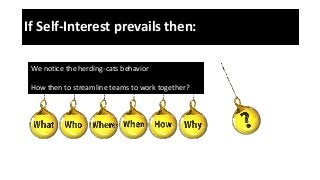 If Self-Interest prevails then:
We notice the herding-cats behavior
How then to streamline teams to work together?
 