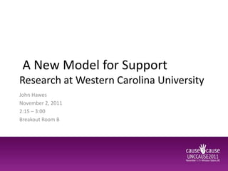 A New Model for Support
Research at Western Carolina University
John Hawes
November 2, 2011
2:15 – 3:00
Breakout Room B
 