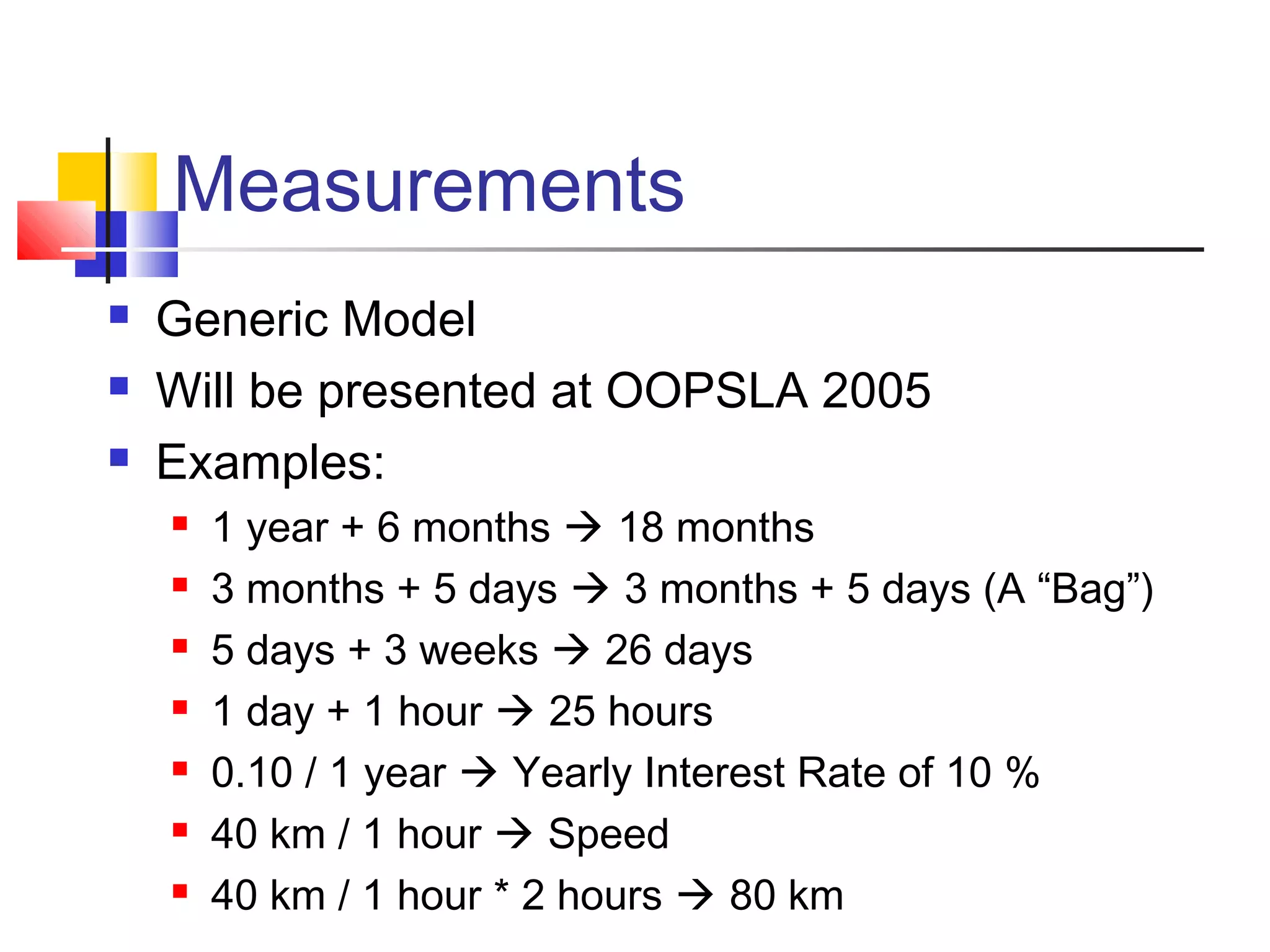 Measurements
 Generic Model
 Will be presented at OOPSLA 2005
 Examples:
 1 year + 6 months  18 months
 3 months + 5 days  3 months + 5 days (A “Bag”)
 5 days + 3 weeks  26 days
 1 day + 1 hour  25 hours
 0.10 / 1 year  Yearly Interest Rate of 10 %
 40 km / 1 hour  Speed
 40 km / 1 hour * 2 hours  80 km
 