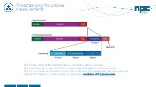 Timestamping for precise
measurements
The first four bytes of the timestamp are a 32-bit binary value in seconds.
The second four bytes are a 32-bit binary value representing tenths of microseconds;
The final four bytes are reserved for use when higher-precision timestamping becomes available,
making the timestamp format capable of supporting a resolution of 0.1 picoseconds.
 