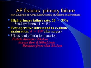 AF fistulas: primary failure
 Ivan D. Maya et al: AJKD 2008(University of Alabama at Birmingham)

 High  primary failure rate: 20 ～ 50%
    Steal syndrome: 1 ～ 4%
 Post-operative ultrasound to evaluate
  maturation: 4 ～ 8 W after surgery
 Ultrasound criteria for maturity:
  Fistula diameter ≧ 0.4cm
       Access flow ≧ 500mL/min
          Distance from skin ≦ 0.5cm
 