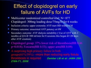 Effect of clopidogrel on early
        failure of AVFs for HD
   Multicenter randomized controlled trial: N= 877
    Clopidogrel: 300mg loading dose/75mg/D for 6 weeks
 Inclusion criteria: upper extremity AVF/start HD within 6 M
 Primary outcome: unassisted AVF patency at 6W
 Secondary outcome: AVF dialysis suitability ( Use of AVF with 2
  needles at Q-b ≧>300 ml/min for 8 sessions this began ≧ 120 days
  after AVF creation)
   Clopidogrel group: 37% lower risk of thrombosis(RR 0.46
    p=0.018); Forearm(RR 0.53); upper arm(RR 0.89)
   A surprising high primary failure in both
    groups(61%/59%) →more than reducing early fistula
    thrombosis in required       Dember LM et al: JAMA 299:
    2164-71, 2008
 