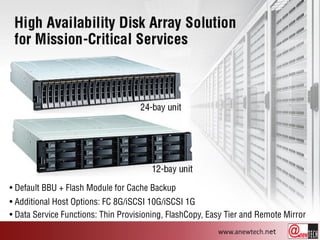• Default BBU + Flash Module for Cache Backup
• Additional Host Options: FC 8G/iSCSI 10G/iSCSI 1G
• Data Service Functions: Thin Provisioning, FlashCopy, Easy Tier and Remote Mirror
