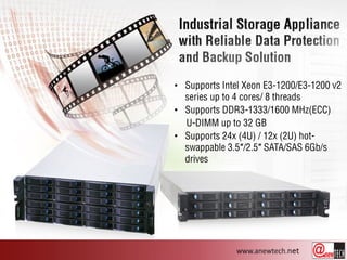 • Supports Intel Xeon E3-1200/E3-1200 v2
series up to 4 cores/ 8 threads
• Supports DDR3-1333/1600 MHz(ECC)
U-DIMM up to 32 GB
• Supports 24x (4U) / 12x (2U) hot-
swappable 3.5″/2.5″ SATA/SAS 6Gb/s
drives