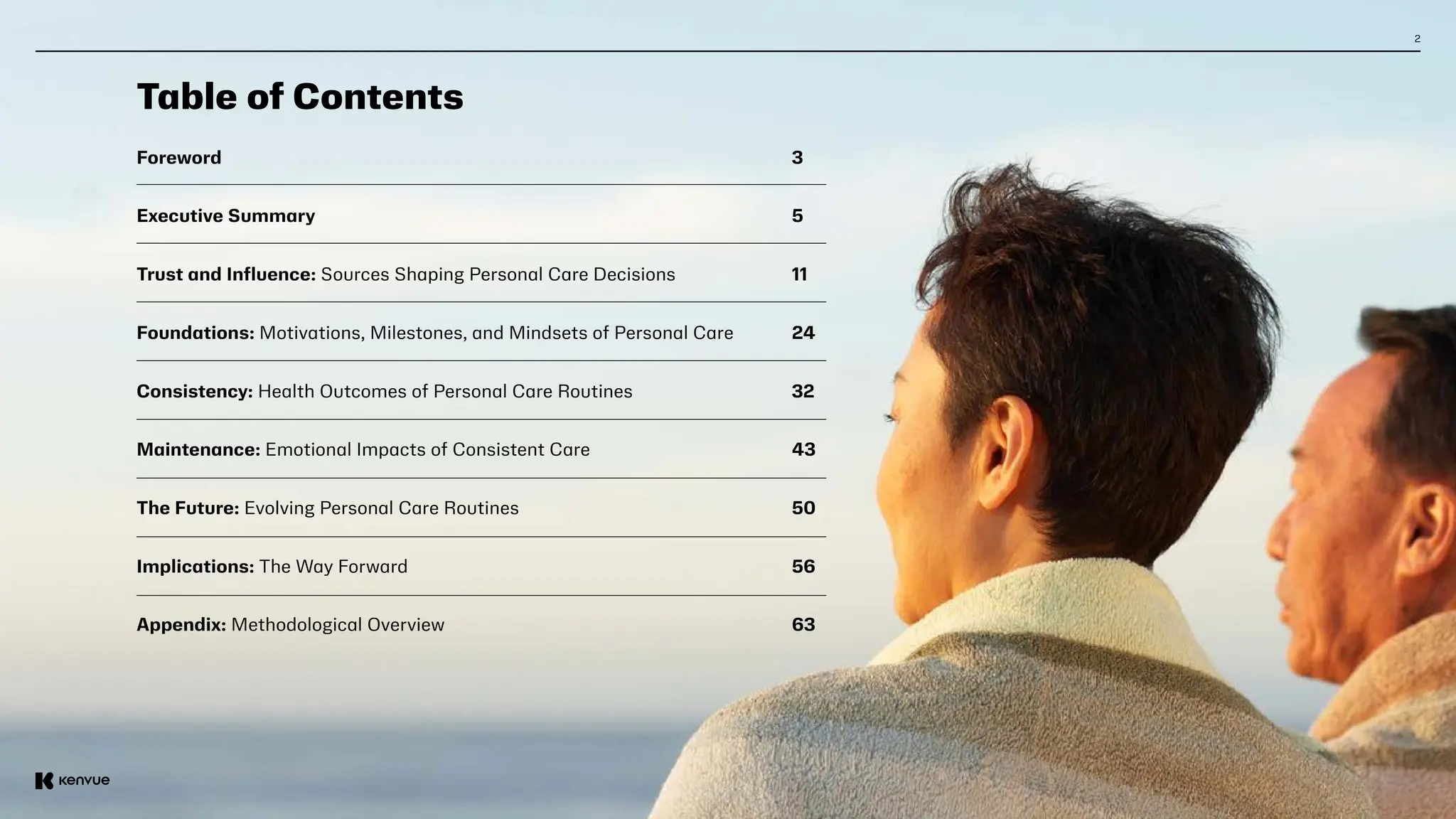 2
Table of Contents
Foreword 3
Executive Summary 								 5
Trust and Influence: Sources Shaping Personal Care Decisions			 11
Foundations: Motivations, Milestones, and Mindsets of Personal Care		 24
Consistency: Health Outcomes of Personal Care Routines			 32
Maintenance: Emotional Impacts of Consistent Care				 43
The Future: Evolving Personal Care Routines					 50
Implications: The Way Forward								 56
Appendix: Methodological Overview							 63
 