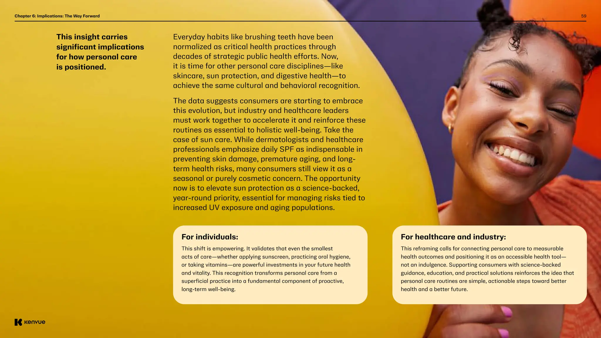 59
This insight carries
significant implications
for how personal care
is positioned.
Everyday habits like brushing teeth have been
normalized as critical health practices through
decades of strategic public health efforts. Now,
it is time for other personal care disciplines—like
skincare, sun protection, and digestive health—to
achieve the same cultural and behavioral recognition.
The data suggests consumers are starting to embrace
this evolution, but industry and healthcare leaders
must work together to accelerate it and reinforce these
routines as essential to holistic well-being. Take the
case of sun care. While dermatologists and healthcare
professionals emphasize daily SPF as indispensable in
preventing skin damage, premature aging, and long-
term health risks, many consumers still view it as a
seasonal or purely cosmetic concern. The opportunity
now is to elevate sun protection as a science-backed,
year-round priority, essential for managing risks tied to
increased UV exposure and aging populations.
Chapter 6: Implications: The Way Forward  
For individuals:
This shift is empowering. It validates that even the smallest
acts of care—whether applying sunscreen, practicing oral hygiene,
or taking vitamins—are powerful investments in your future health
and vitality. This recognition transforms personal care from a
superficial practice into a fundamental component of proactive,
long-term well-being.
For healthcare and industry:
This reframing calls for connecting personal care to measurable
health outcomes and positioning it as an accessible health tool—
not an indulgence. Supporting consumers with science-backed
guidance, education, and practical solutions reinforces the idea that
personal care routines are simple, actionable steps toward better
health and a better future.
 