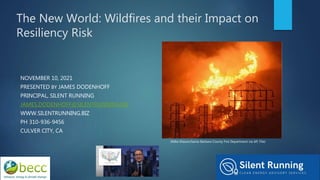 The New World: Wildfires and their Impact on
Resiliency Risk
NOVEMBER 10, 2021
PRESENTED BY JAMES DODENHOFF
PRINCIPAL, SILENT RUNNING
JAMES.DODENHOFF@SILENTRUNNING.BIZ
WWW.SILENTRUNNING.BIZ
PH 310-936-9456
CULVER CITY, CA
(Mike Eliason/Santa Barbara County Fire Department via AP, File)
 