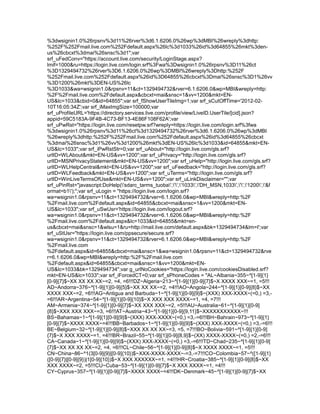 %3dwsignin1.0%26rpsnv%3d11%26rver%3d6.1.6206.0%26wp%3dMBI%26wreply%3dhttp:
%252F%252Fmail.live.com%252Fdefault.aspx%26lc%3d1033%26id%3d64855%26mkt%3den-
us%26cbcxt%3dmai%26snsc%3d1";var
srf_uFedConv="https://account.live.com/security/LoginStage.aspx?
lmif=1000&ru=https://login.live.com/login.srf%3Fwa%3Dwsignin1.0%26rpsnv%3D11%26ct
%3D1329494732%26rver%3D6.1.6206.0%26wp%3DMBI%26wreply%3Dhttp:%252F
%252Fmail.live.com%252Fdefault.aspx%26id%3D64855%26cbcxt%3Dmai%26snsc%3D1%26vv
%3D1200%26mkt%3DEN-US%26lc
%3D1033&wa=wsignin1.0&rpsnv=11&ct=1329494732&rver=6.1.6206.0&wp=MBI&wreply=http:
%2F%2Fmail.live.com%2Fdefault.aspx&cbcxt=mai&snsc=1&vv=1200&mkt=EN-
US&lc=1033&cbid=0&id=64855";var srf_fShowUserTileImg=1;var srf_sCutOffTime='2012-02-
10T16:05:34Z';var srf_iMaxImgSize=100000;var
srf_uProfileURL='https://directory.services.live.com/profile/view/LiveID.UserTile/[cid].json?
appid=59C5183A-9F4B-4C73-BF13-4E86F108F62A';var
srf_uPwRst="https://login.live.com/resetpw.srf?wreply=https://login.live.com/login.srf%3fwa
%3dwsignin1.0%26rpsnv%3d11%26ct%3d1329494732%26rver%3d6.1.6206.0%26wp%3dMBI
%26wreply%3dhttp:%252F%252Fmail.live.com%252Fdefault.aspx%26id%3d64855%26cbcxt
%3dmai%26snsc%3d1%26vv%3d1200%26mkt%3dEN-US%26lc%3d1033&id=64855&mkt=EN-
US&lc=1033";var srf_iPwRstStr=0;var srf_uAbout="http://login.live.com/gls.srf?
urlID=WLAbout&mkt=EN-US&vv=1200";var srf_uPrivacy="http://login.live.com/gls.srf?
urlID=MSNPrivacyStatement&mkt=EN-US&vv=1200";var srf_uHelp="http://login.live.com/gls.srf?
urlID=WLHelpCentral&mkt=EN-US&vv=1200";var srf_uFeedback="http://login.live.com/gls.srf?
urlID=WLFeedback&mkt=EN-US&vv=1200";var srf_uTerms="http://login.live.com/gls.srf?
urlID=WinLiveTermsOfUse&mkt=EN-US&vv=1200";var srf_uLinkDisclaimer="";var
srf_uPinRst="javascript:DoHelp('sdarc_tarms_tuoba','','1033','DH_MSN,1033','','1200','&f
ormat=b1');";var srf_uLogin = "https://login.live.com/login.srf?
wa=wsignin1.0&rpsnv=11&ct=1329494732&rver=6.1.6206.0&wp=MBI&wreply=http:%2F
%2Fmail.live.com%2Fdefault.aspx&id=64855&cbcxt=mai&snsc=1&vv=1200&mkt=EN-
US&lc=1033";var srf_uSwUsr='https://login.live.com/logout.srf?
wa=wsignin1.0&rpsnv=11&ct=1329494732&rver=6.1.6206.0&wp=MBI&wreply=http:%2F
%2Fmail.live.com%2Fdefault.aspx&lc=1033&id=64855&mkt=en-
us&cbcxt=mai&snsc=1&wlsu=1&ru=http://mail.live.com/default.aspx&bk=1329494734&lm=I';var
srf_uStUsr="https://login.live.com/ppsecure/secure.srf?
wa=wsignin1.0&rpsnv=11&ct=1329494732&rver=6.1.6206.0&wp=MBI&wreply=http:%2F
%2Fmail.live.com
%2Fdefault.aspx&id=64855&cbcxt=mai&snsc=1&wa=wsignin1.0&rpsnv=11&ct=1329494732&rve
r=6.1.6206.0&wp=MBI&wreply=http:%2F%2Fmail.live.com
%2Fdefault.aspx&id=64855&cbcxt=mai&snsc=1&vv=1200&mkt=EN-
US&lc=1033&bk=1329494734";var g_urlNoCookies="https://login.live.com/cookiesDisabled.srf?
mkt=EN-US&lc=1033";var srf_iForcedCT=0;var srf_sPhoneCodes = "AL~Albania~355~^[1-9]{1}
[0-9]{7}$~XX XX XX XX~=2, =4, =6!!!DZ~Algeria~213~^[1-9]{1}[0-9]{7}$~X XXXX XXX~=1, =5!!!
AD~Andorra~376~^[1-9]{1}[0-9]{5}$~XX XX XX~=2, =4!!!AO~Angola~244~^[1-9]{1}[0-9]{8}$~XX
XXXX XXX~=2, =6!!!AG~Antigua and Barbuda~1~^[1-9]{1}[0-9]{9}$~(XXX) XXX-XXXX~(=0,) =3,-
=6!!!AR~Argentina~54~^[1-9]{1}[0-9]{10}$~X XXX XXX XXXX~=1, =4, =7!!!
AM~Armenia~374~^[1-9]{1}[0-9]{7}$~XX XXX XXX~=2, =5!!!AU~Australia~61~^[1-9]{1}[0-9]
{8}$~XXX XXX XXX~=3, =6!!!AT~Austria~43~^[1-9]{1}[0-9]{9,11}$~XXXXXXXXXXX~!!!
BS~Bahamas~1~^[1-9]{1}[0-9]{9}$~(XXX) XXX-XXXX~(=0,) =3,-=6!!!BH~Bahrain~973~^[1-9]{1}
[0-9]{7}$~XXXX XXXX~=4!!!BB~Barbados~1~^[1-9]{1}[0-9]{9}$~(XXX) XXX-XXXX~(=0,) =3,-=6!!!
BE~Belgium~32~^[1-9]{1}[0-9]{8}$~XXX XX XX XX~=3, =5, =7!!!BO~Bolivia~591~^[1-9]{1}[0-9]
{7}$~X XXX XXXX~=1, =4!!!BR~Brazil~55~^[1-9]{1}[0-9]{8,9}$~(XX) XXXX-XXXX~(=0,) =2,-=6!!!
CA~Canada~1~^[1-9]{1}[0-9]{9}$~(XXX) XXX-XXXX~(=0,) =3,-=6!!!TD~Chad~235~^[1-9]{1}[0-9]
{7}$~XX XX XX XX~=2, =4, =6!!!CL~Chile~56~^[1-9]{1}[0-9]{8}$~X XXXX XXXX~=1, =5!!!
CN~China~86~^1(3[0-9]{9}|[0-9]{10})$~XXX-XXXX-XXXX~-=3,-=7!!!CO~Colombia~57~^([1-9]{1}
([0-9]{7}|[0-9]{9})|1[0-9]{10})$~X XXX XXXXXX~=1, =4!!!HR~Croatia~385~^[1-9]{1}[0-9]{8}$~XX
XXX XXXX~=2, =5!!!CU~Cuba~53~^[1-9]{1}[0-9]{7}$~X XXX XXXX~=1, =4!!!
CY~Cyprus~357~^[1-9]{1}[0-9]{7}$~XXXX XXXX~=4!!!DK~Denmark~45~^[1-9]{1}[0-9]{7}$~XX
 