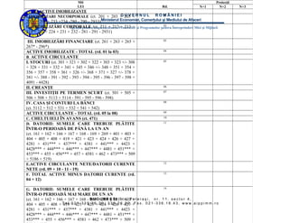 Mii                                                                                            Proiecţii
                                   LEI                                                       Rd.                       N+1          N+2       N+3
    A. ACTIVE IMOBILIZANTE
I.IMOBILIZARI NECORPORALE (ct. 201 + 203 + 205 E R N U L R O M Â N I E I
                                                    GUV +                  01

2071 + 208 + 233 +234 -280 - 290 - 2933) Ministerul Economiei, Comerţului şi Mediului de Afaceri
                                                                    02
II. IMOBILIZĂRI CORPORALE (ct. 211 + 212Proiectelor şi Programelor pentru Întreprinderi Mici şi Mijlocii
                       Agenţia pentru Implementarea + 213 +
214 + 223 + 224 + 231 + 232 - 281 - 291 - 2931)

 III. IMOBILIZĂRI FINANCIARE (ct. 261 + 263 + 265 +                                           03

267* - 296*)
ACTIVE IMOBILIZATE - TOTAL (rd. 01 la 03)                                                     04

B. ACTIVE CIRCULANTE
I. STOCURI (ct. 301 + 321 + 302 + 322 + 303 + 323 +/- 308                                     05

+ 328 + 331 + 332 + 341 + 345 + 346 +/- 348 + 351 + 354 +
356 + 357 + 358 + 361 + 326 +/- 368 + 371 + 327 +/- 378 +
381 +/- 388 - 391 - 392 - 393 - 394 - 395 - 396 - 397 - 398 +
4091 - 4428)
II. CREANŢE                                                                                   06

III. INVESTIŢII PE TERMEN SCURT (ct. 501 + 505 +                                              07

506 + 508 + 5113 + 5114 - 591 - 595 - 596 - 598)
IV. CASA ŞI CONTURI LA BĂNCI                                                                  08

(ct. 5112 + 512 + 531 + 532 + 541 + 542)
ACTIVE CIRCULANTE - TOTAL (rd. 05 la 08)                                                      09

C. CHELTUIELI ÎN AVANS (ct. 471)                                                              10

D. DATORII: SUMELE CARE TREBUIE PLĂTITE                                                       11

ÎNTR-O PERIOADĂ DE PÂNĂ LA UN AN
(ct. 161 + 162 + 166 + 167 + 168 - 169 + 269 + 401 + 403 +
404 + 405 + 408 + 419 + 421 + 423 + 424 + 426 + 427 +
4281 + 431*** + 437*** + 4381 + 441*** + 4423 +
4428*** + 444*** + 446*** + 447*** + 4481 + 451*** +
453*** + 455 + 456*** + 457 + 4581 + 462 + 473*** + 509
+ 5186 + 519)
E.ACTIVE CIRCULANTE NETE/DATORII CURENTE                                                      12

NETE (rd. 09 + 10 - 11 - 19)
F. TOTAL ACTIVE MINUS DATORII CURENTE (rd.                                                    13

04 + 12)

G. DATORII: SUMELE CARE TREBUIE PLĂTITE                                                       14

ÎNTR-O PERIOADĂ MAI MARE DE UN AN
(ct. 161 + 162 + 166 + 167 + 168 - B U C U R E + T I S t r . P + t e r a ş i , n r . 1 1 , s e c t o r 4 ,
                                         169 + 269 Ş 401 + 403 o
                    T e l : + 2 1 - 3+ 5 . 2 6+ 2 0 ; 3 3426 + .427, + a x . 0 2 1 - 3 3 6 . 1 8 . 4 3 , w w w . a i p p i m m . r o
404 + 405 + 408 + 419       0 421 3 423 . 424 + 5 . 2 6 3 2 F
4281 + 431*** + 437*** + 4381 + 441*** + 4423 +
4428*** + 444*** + 446*** + 447*** + 4481 + 451*** +
453*** + 455 + 456*** + 4581 + 462 + 473*** + 509 +
 